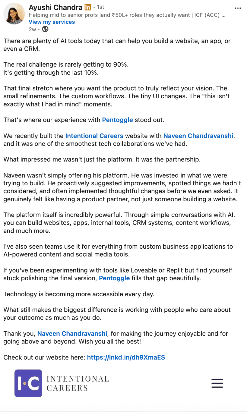 LinkedIn post by Ayushi Chandra about Pentoggle