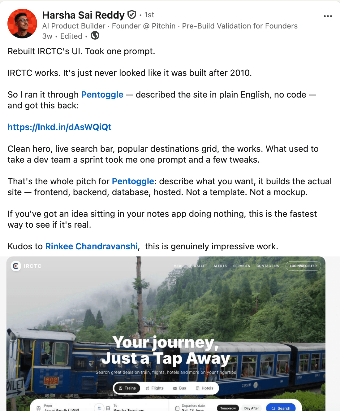 LinkedIn post by Harsha Sai Reddy about Pentoggle