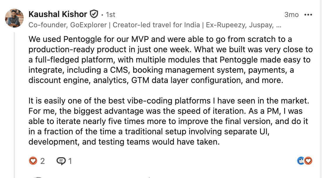 LinkedIn post by Kaushal Kishor about Pentoggle