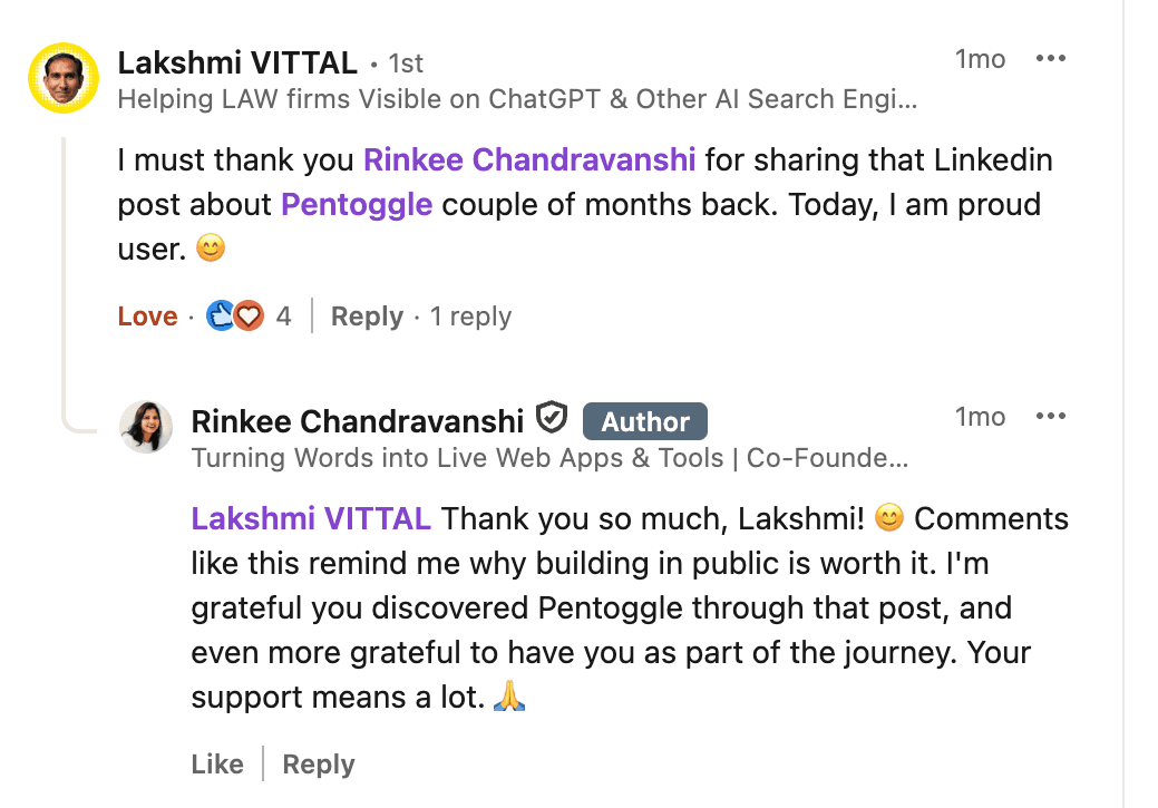 LinkedIn post by Lakshmi Vittal about Pentoggle