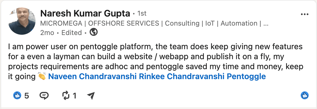 LinkedIn post by Naresh Kumar Gupta about Pentoggle