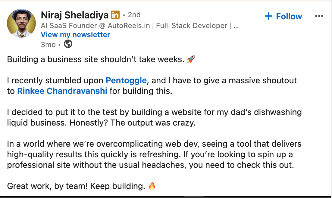 LinkedIn post by Niraj Sheladiya about Pentoggle