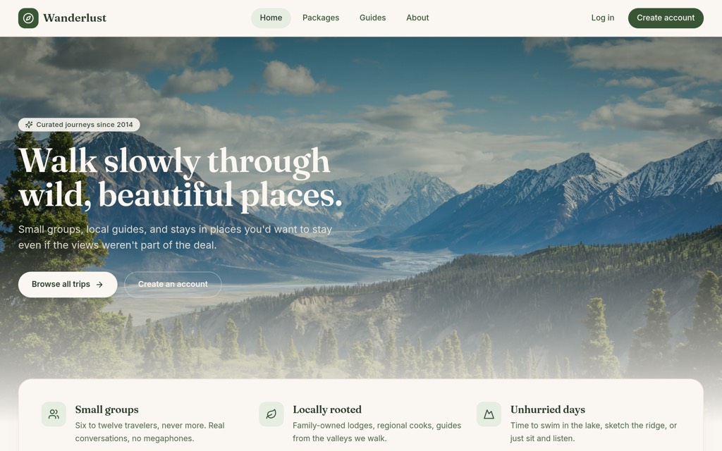 Wanderlust Tours, built with Pentoggle